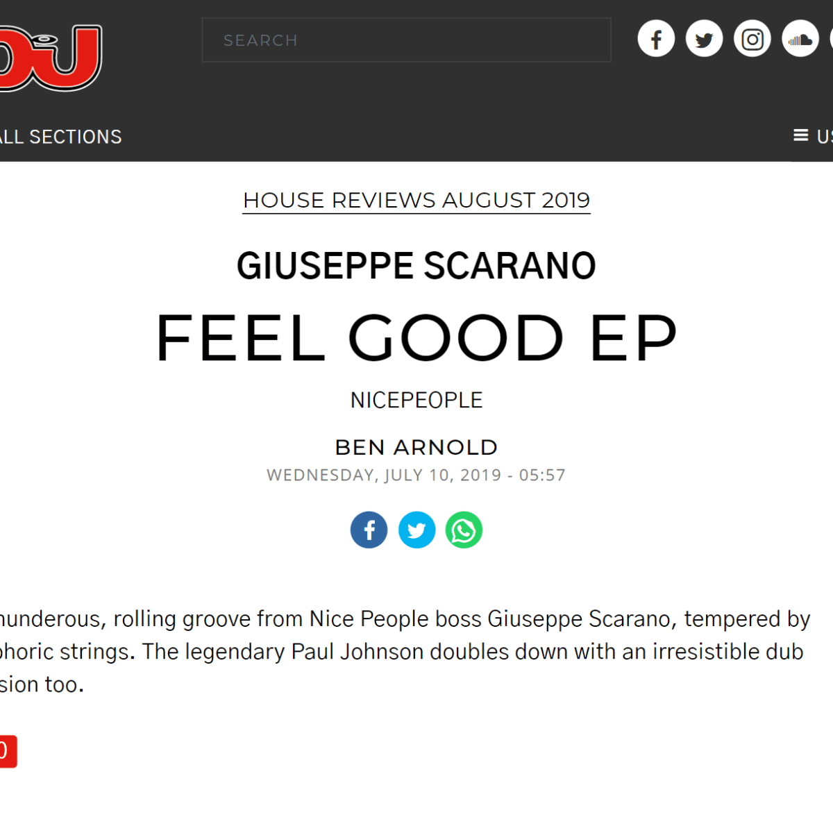 Dj Mag Review: Giuseppe SCarano – Feel Good (incl. Paul Johnson REmix)&nbsp;[Nicepeople]